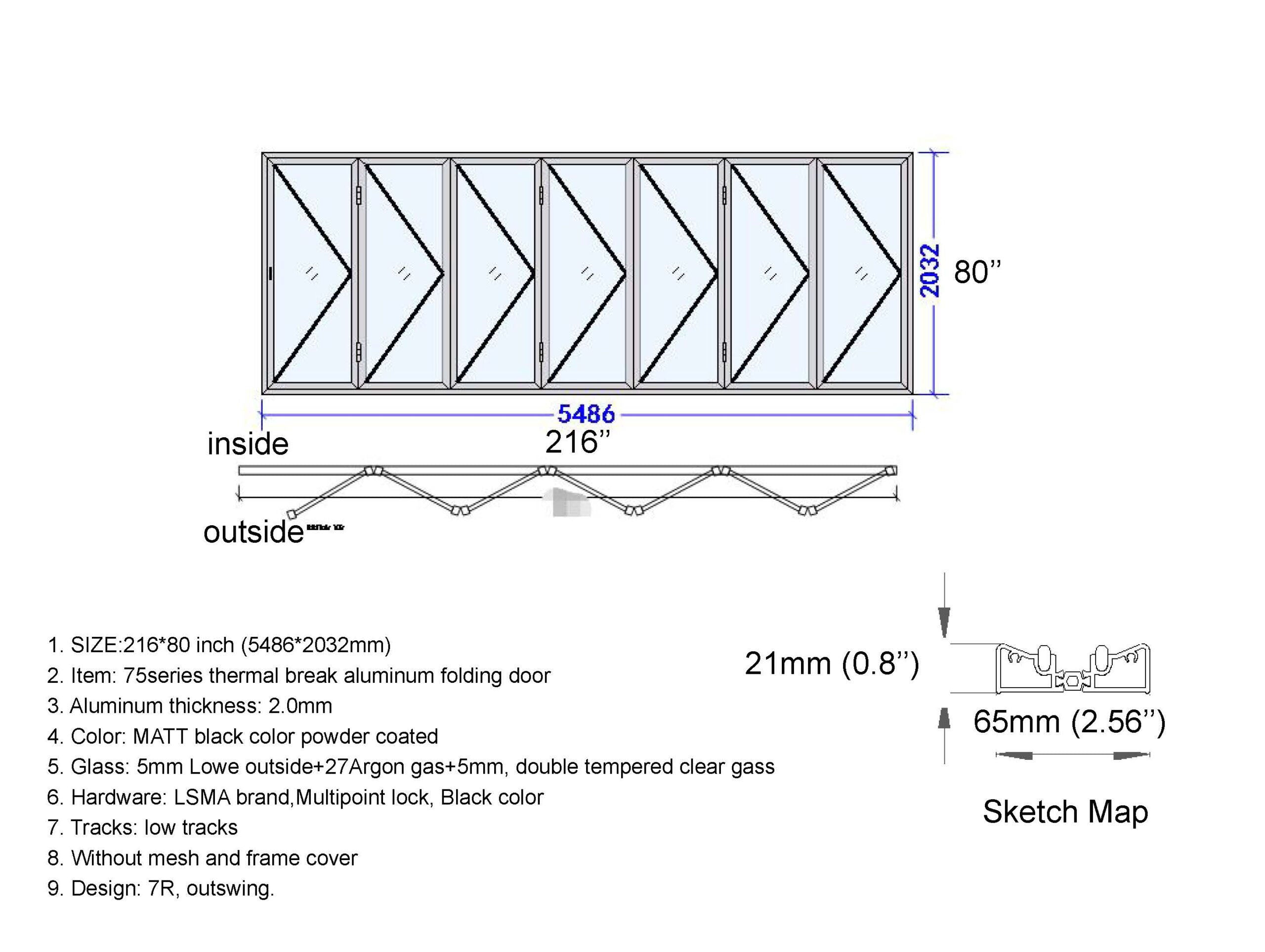 Aluminum Bifold Door 216"Wx80"H - OUT SWING FROM EXTERIOR VIEW image 1