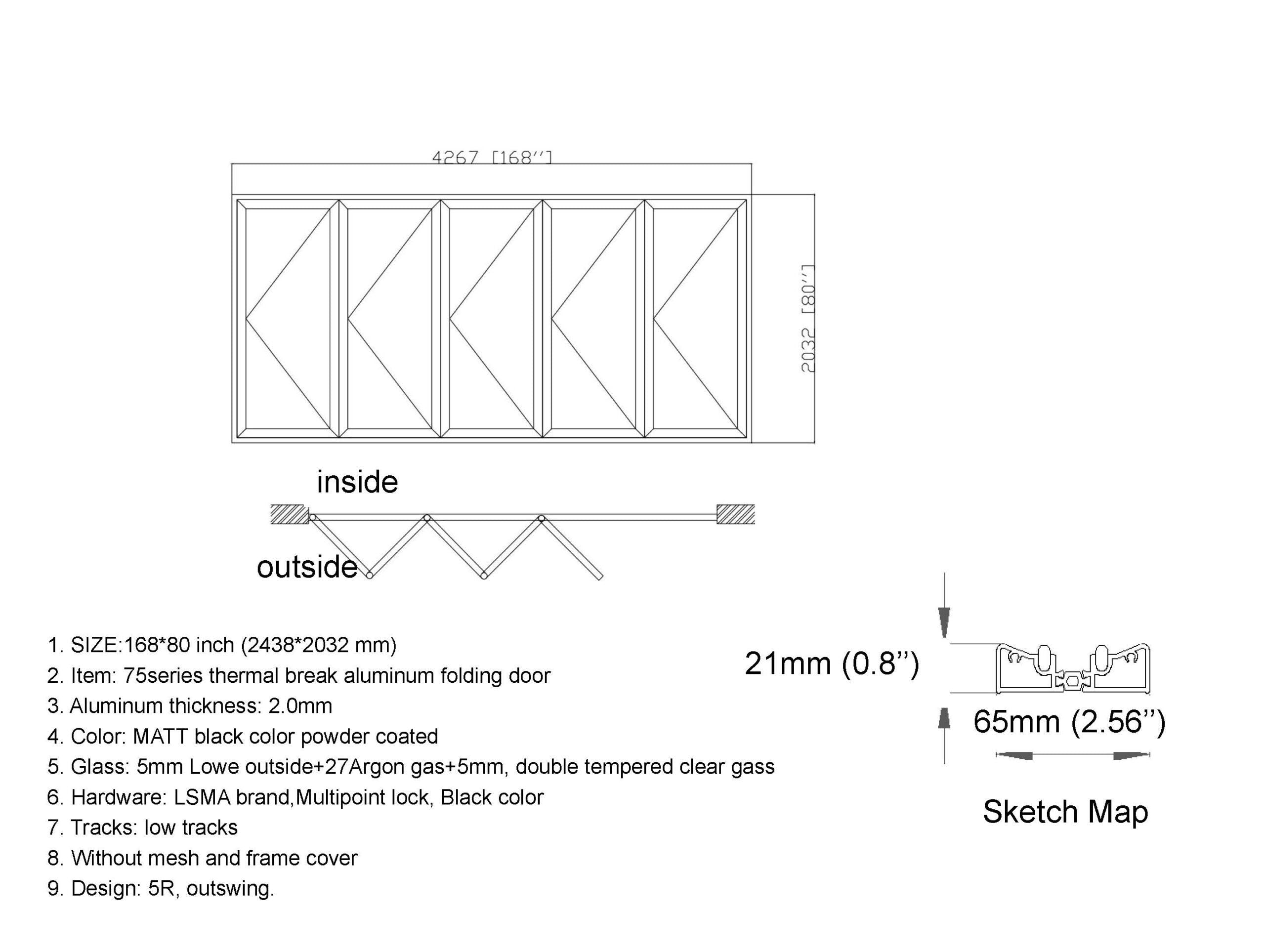 Aluminum Bifold Door 168"Wx80"H - OUT SWING FROM EXTERIOR VIEW image 3