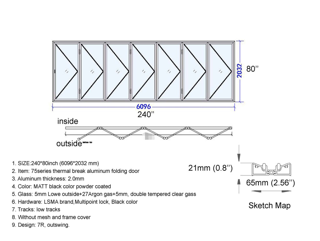 Aluminum Bifold Door 240"Wx80"H - OUT SWING FROM EXTERIOR VIEW image 8