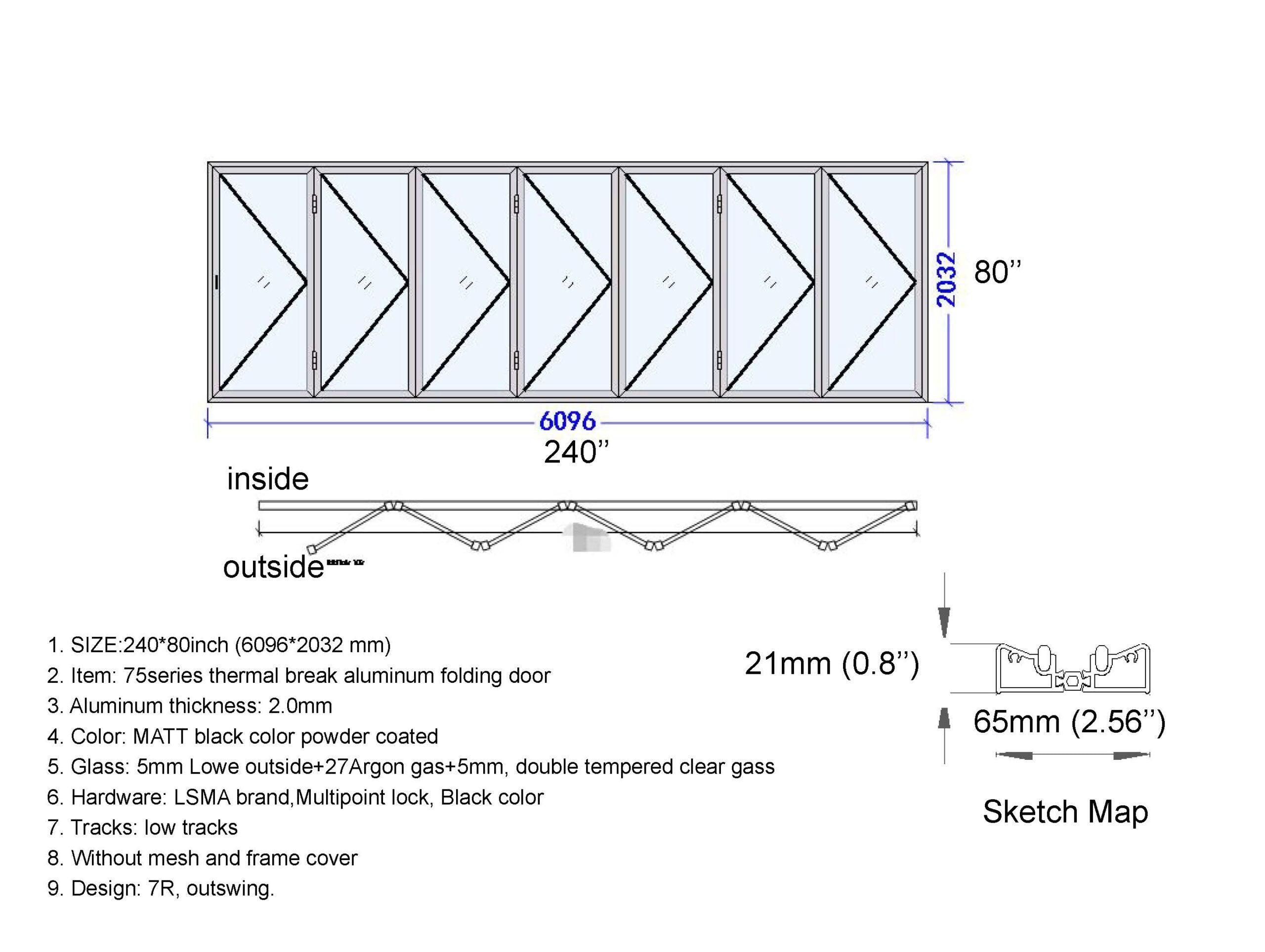 Aluminum Bifold Door 240"Wx80"H - OUT SWING FROM EXTERIOR VIEW image 8