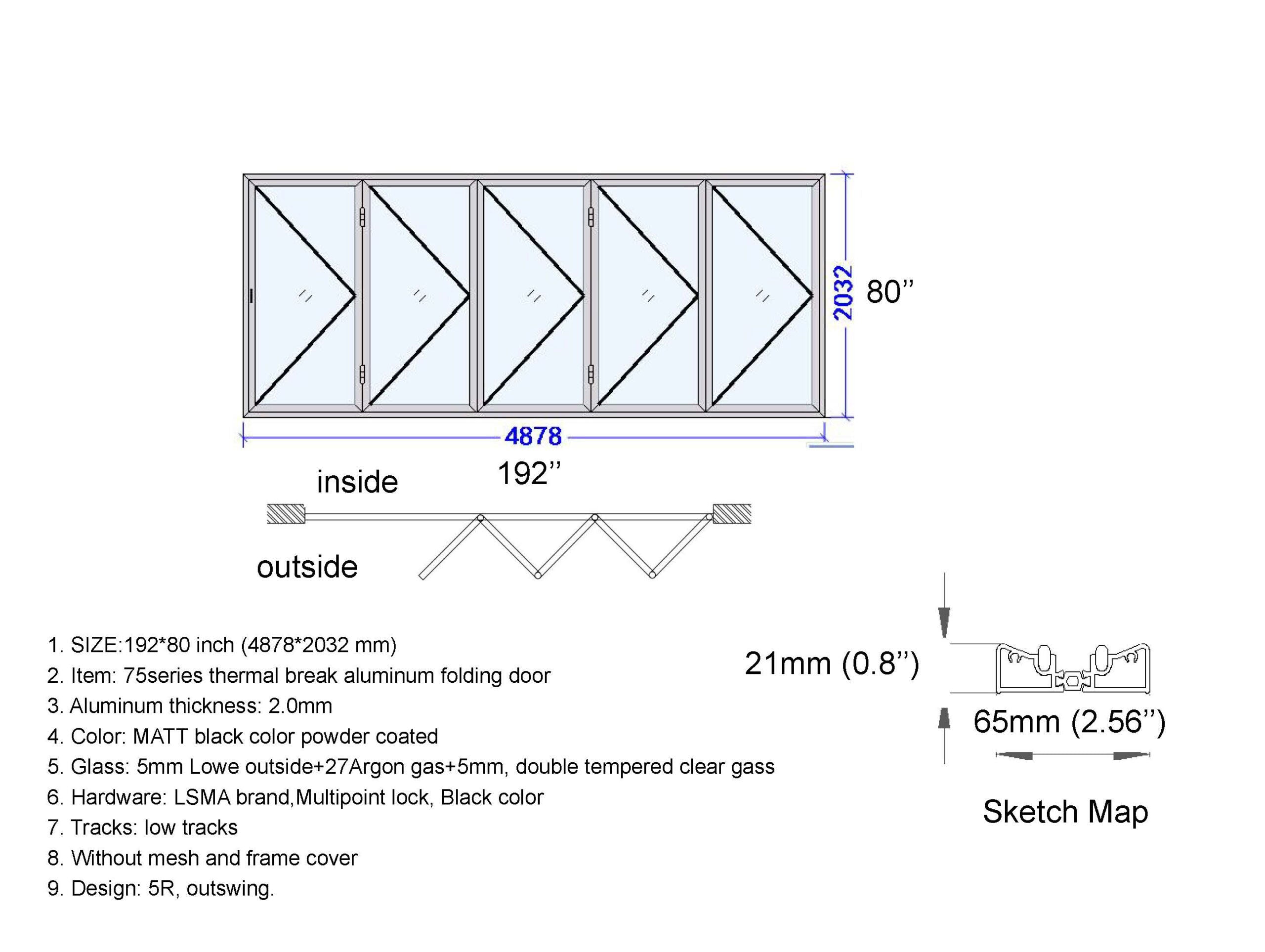 Aluminum Bifold Door 192"Wx80"H - OUT SWING FROM EXTERIOR VIEW image 3