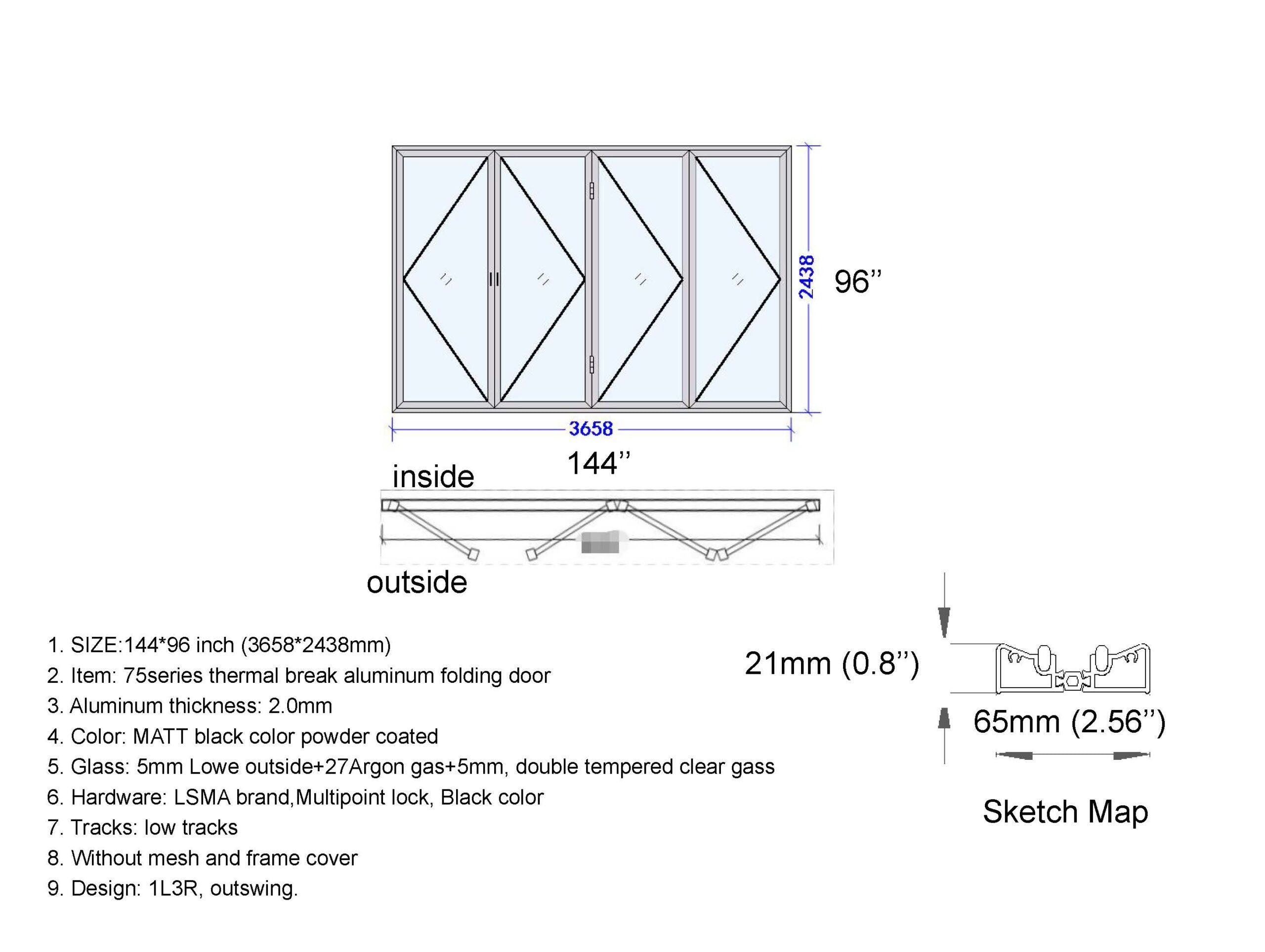 Aluminum Bifold Door 144"Wx96"H - OUT SWING FROM EXTERIOR VIEW image 1