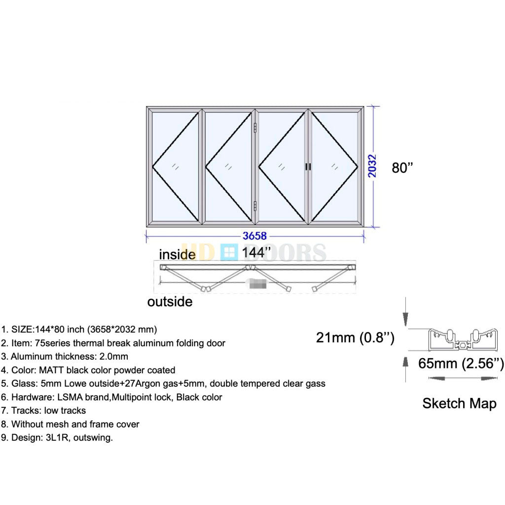 Aluminum Bifold Door 144"Wx80"H - OUT SWING FROM EXTERIOR VIEW image 8