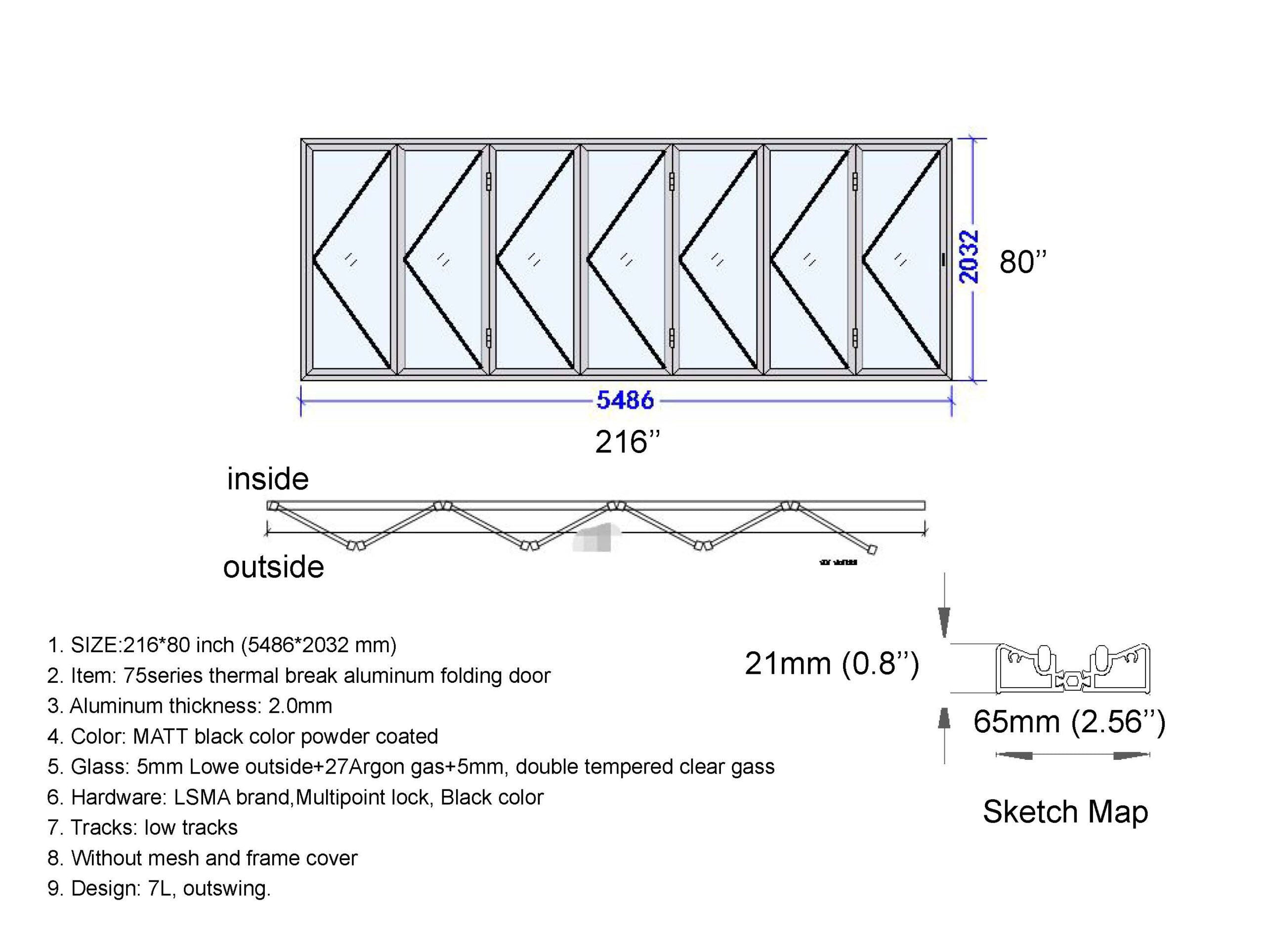 Aluminum Bifold Door 216"Wx80"H - OUT SWING FROM EXTERIOR VIEW image 18