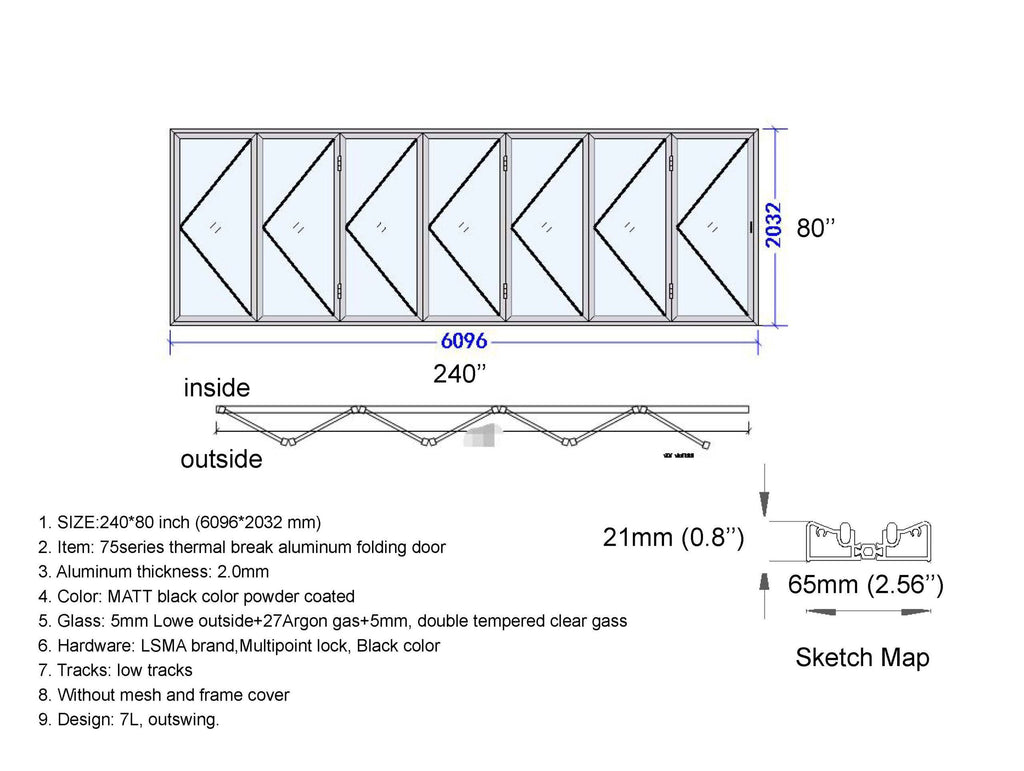 Aluminum Bifold Door 240"Wx80"H - OUT SWING FROM EXTERIOR VIEW image 12