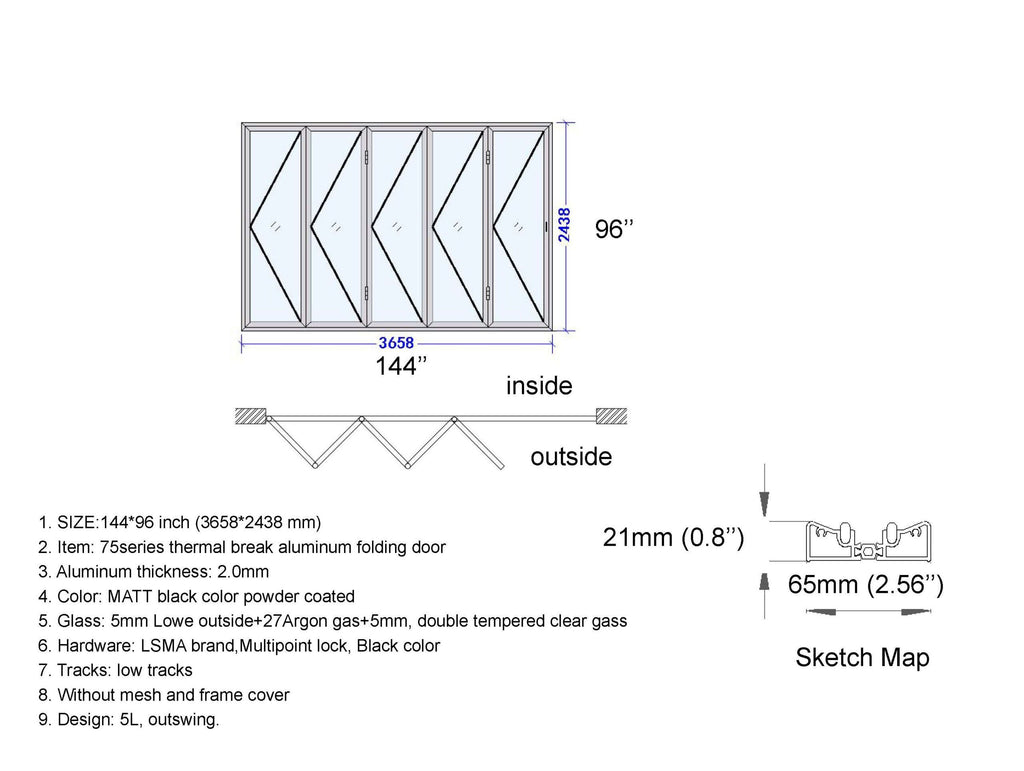 Aluminum Bifold Door 144"Wx96"H - OUT SWING FROM EXTERIOR VIEW image 9